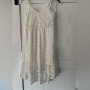 Girls White Lace Spaghetti-Strap Dress with Ruffled Hem